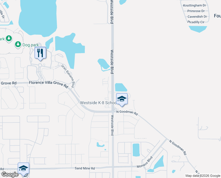 map of restaurants, bars, coffee shops, grocery stores, and more near Santorini Drive in Davenport