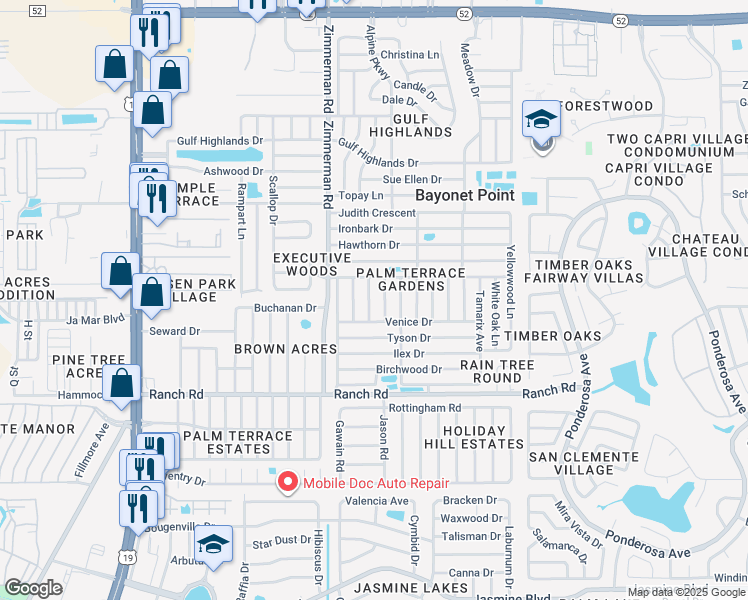 map of restaurants, bars, coffee shops, grocery stores, and more near 11220 Linden Lane in Port Richey