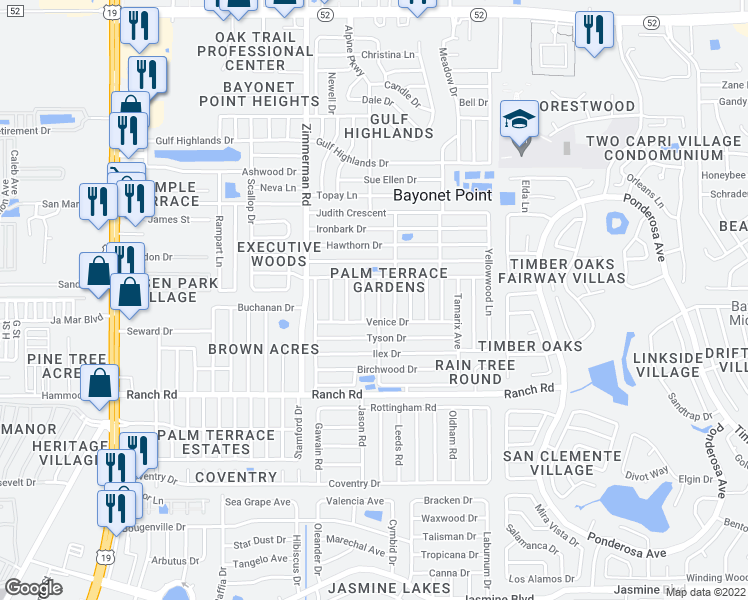 map of restaurants, bars, coffee shops, grocery stores, and more near 11221 Nome Avenue in Port Richey