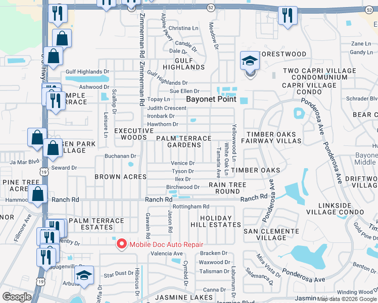 map of restaurants, bars, coffee shops, grocery stores, and more near 11205 Glover Road in Port Richey