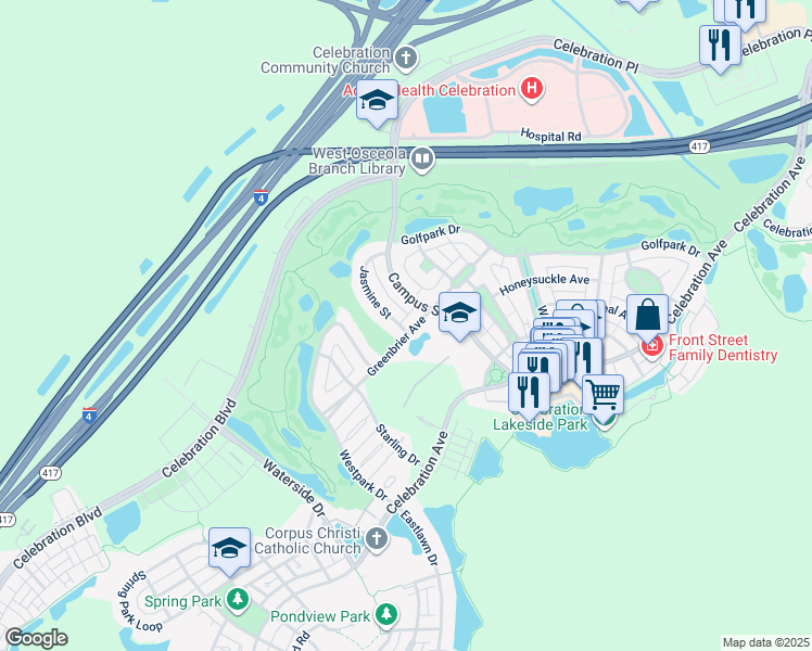 map of restaurants, bars, coffee shops, grocery stores, and more near 510 Greenbrier Avenue in Kissimmee
