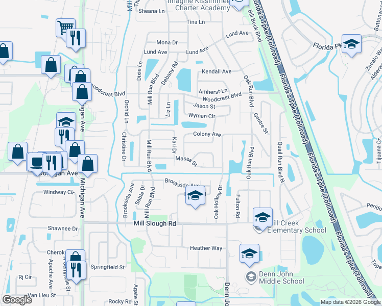 map of restaurants, bars, coffee shops, grocery stores, and more near 1523 Maplewood Circle in Kissimmee