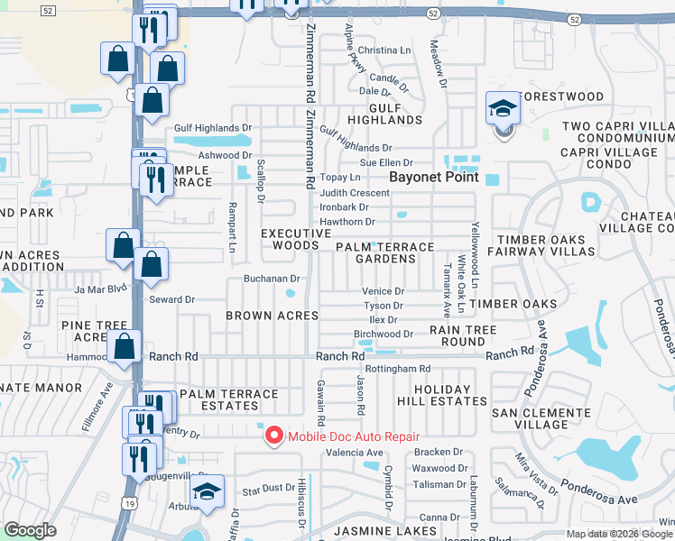 map of restaurants, bars, coffee shops, grocery stores, and more near 11220 Kapok Avenue in Port Richey