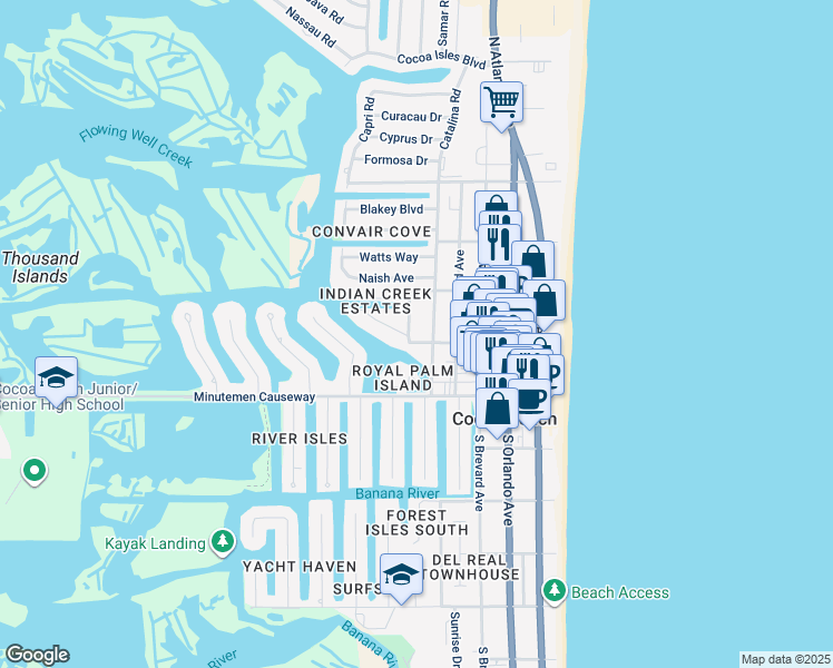 map of restaurants, bars, coffee shops, grocery stores, and more near 434 North 1st Street in Cocoa Beach