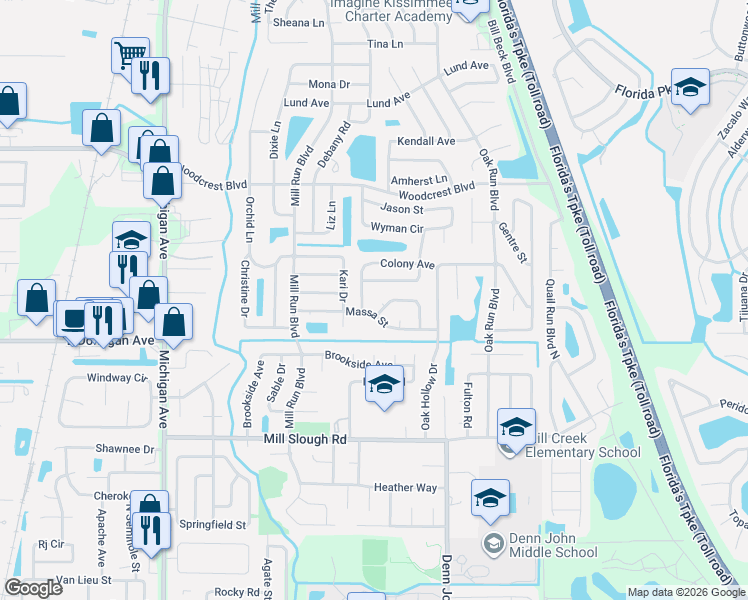 map of restaurants, bars, coffee shops, grocery stores, and more near 1518 Massa Street in Kissimmee