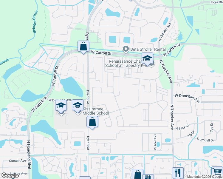 map of restaurants, bars, coffee shops, grocery stores, and more near 3004 Jardin Street in Kissimmee