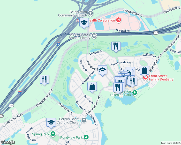 map of restaurants, bars, coffee shops, grocery stores, and more near 510 Greenbrier Avenue in Kissimmee