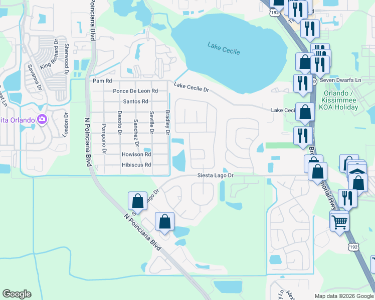 map of restaurants, bars, coffee shops, grocery stores, and more near 2699 Chatham Circle in Kissimmee