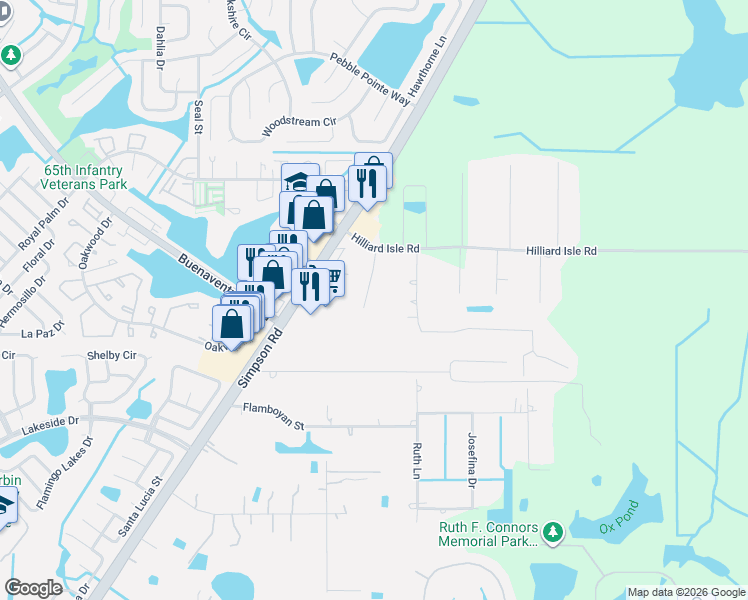 map of restaurants, bars, coffee shops, grocery stores, and more near 2505 Ascot Court in Kissimmee