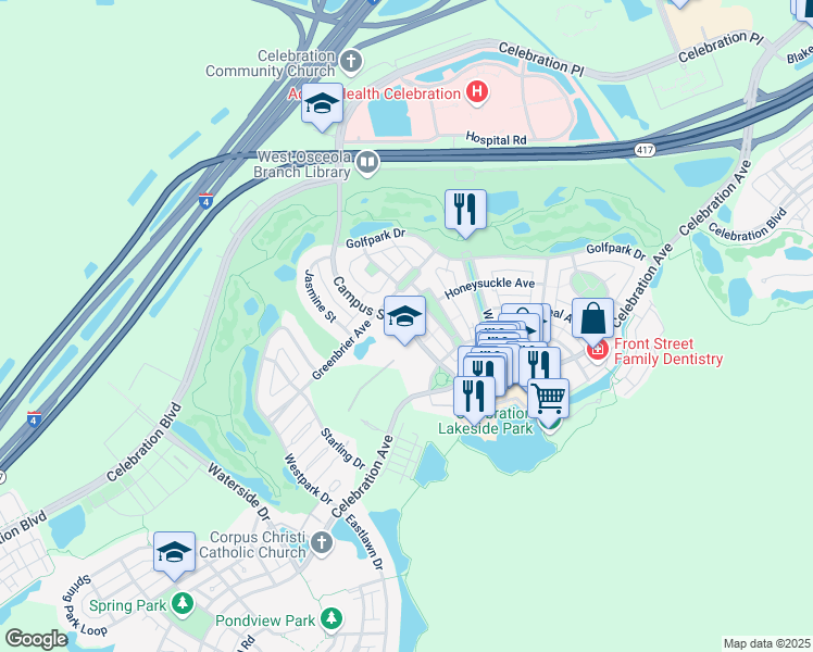 map of restaurants, bars, coffee shops, grocery stores, and more near 510 Campus Street in Kissimmee
