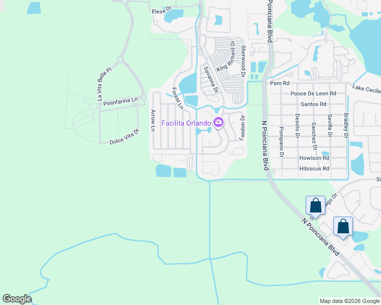 map of restaurants, bars, coffee shops, grocery stores, and more near 435 Forest Lane in Kissimmee
