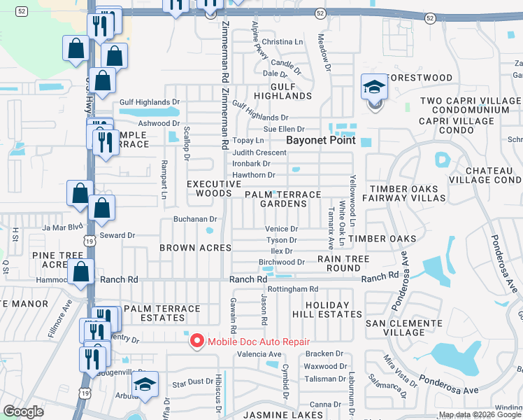 map of restaurants, bars, coffee shops, grocery stores, and more near 11204 Linden Lane in Port Richey