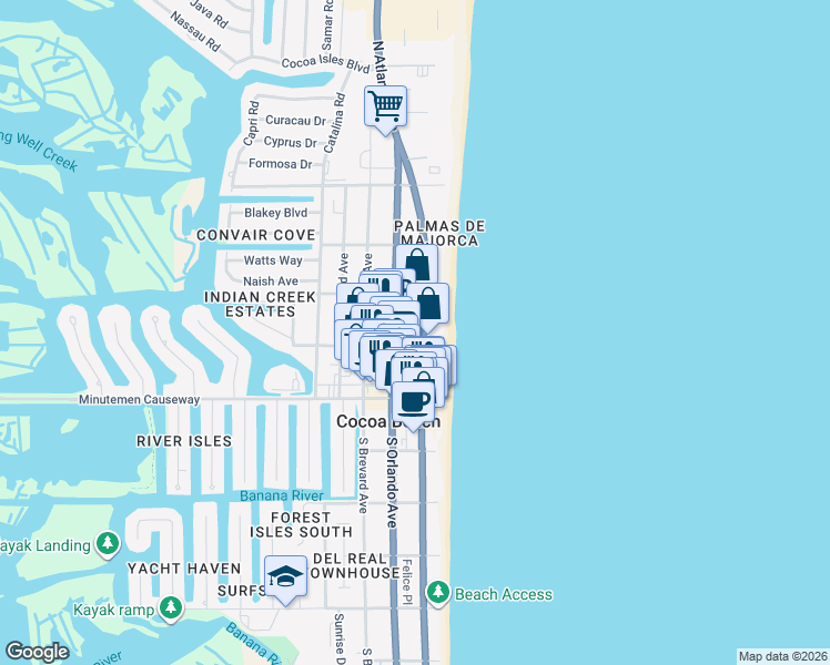 map of restaurants, bars, coffee shops, grocery stores, and more near 99 North Atlantic Avenue in Cocoa Beach
