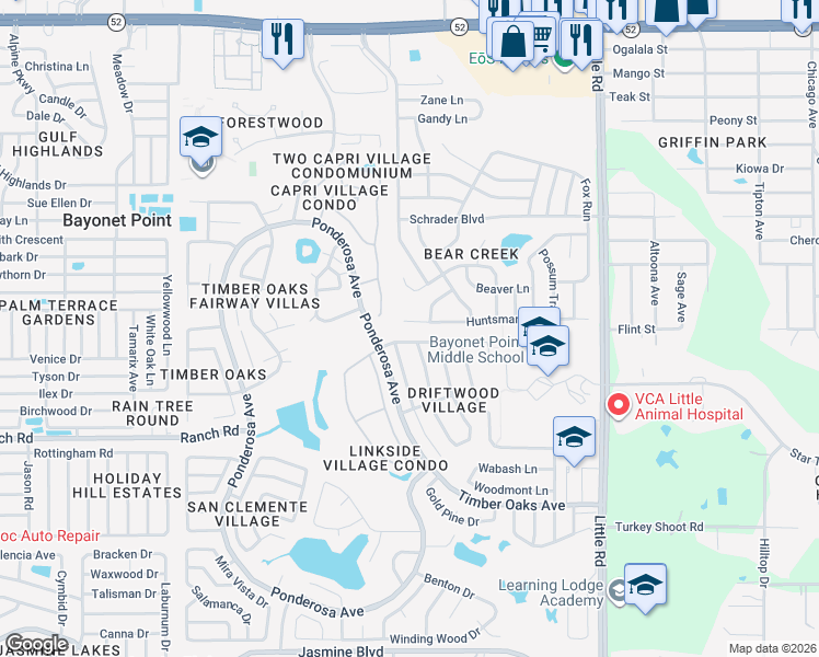 map of restaurants, bars, coffee shops, grocery stores, and more near 11204 Water Oak Drive in Port Richey