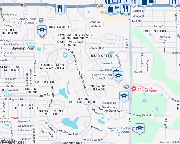 map of restaurants, bars, coffee shops, grocery stores, and more near 8526 Huntsman Lane in Port Richey