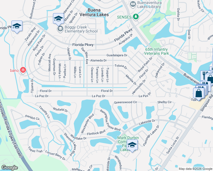 map of restaurants, bars, coffee shops, grocery stores, and more near 546 Floral Drive in Kissimmee