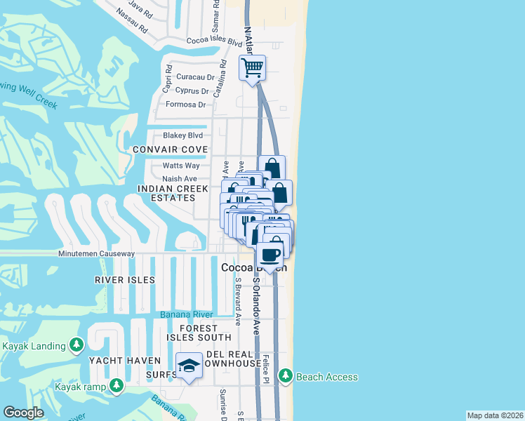 map of restaurants, bars, coffee shops, grocery stores, and more near 110 North Orlando Avenue in Cocoa Beach