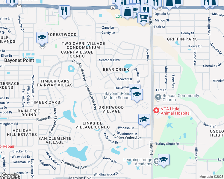 map of restaurants, bars, coffee shops, grocery stores, and more near 8622 Huntsman Lane in Port Richey