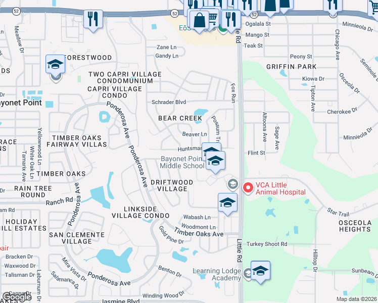 map of restaurants, bars, coffee shops, grocery stores, and more near 8720 Woodcrest Drive in Port Richey
