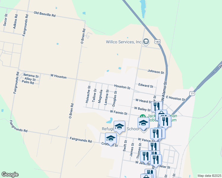 map of restaurants, bars, coffee shops, grocery stores, and more near 906 Douglas Street in Refugio