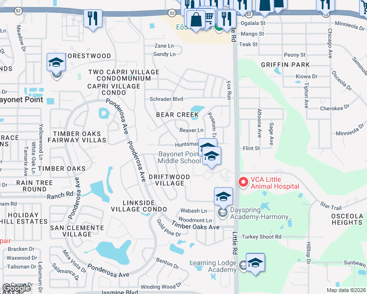 map of restaurants, bars, coffee shops, grocery stores, and more near 8708 Huntsman Lane in Port Richey