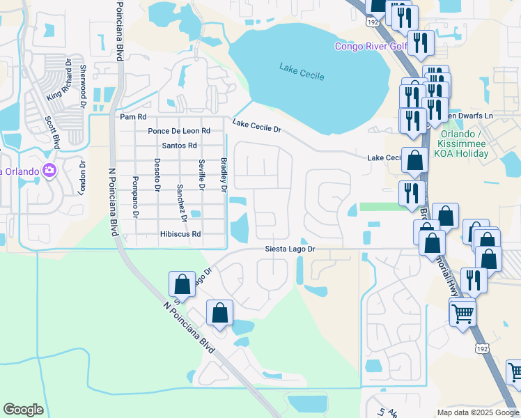 map of restaurants, bars, coffee shops, grocery stores, and more near 4962 Park Forest Loop in Kissimmee