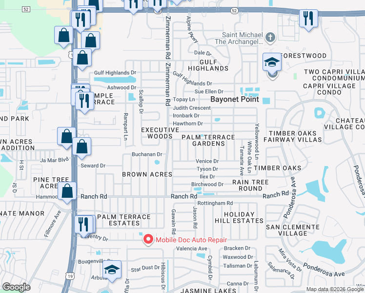 map of restaurants, bars, coffee shops, grocery stores, and more near 7611 Foxbloom Drive in Port Richey