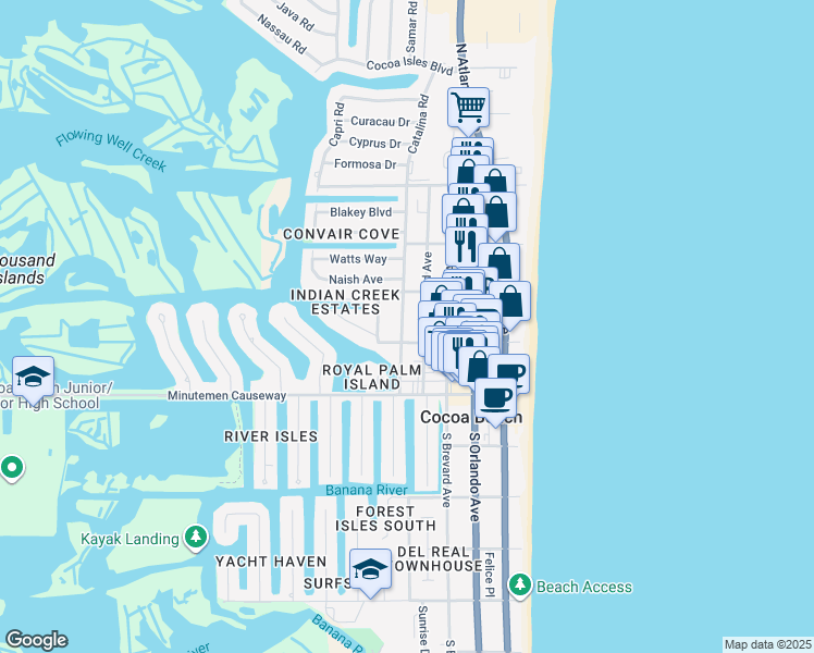 map of restaurants, bars, coffee shops, grocery stores, and more near 150 Cedar Avenue in Cocoa Beach