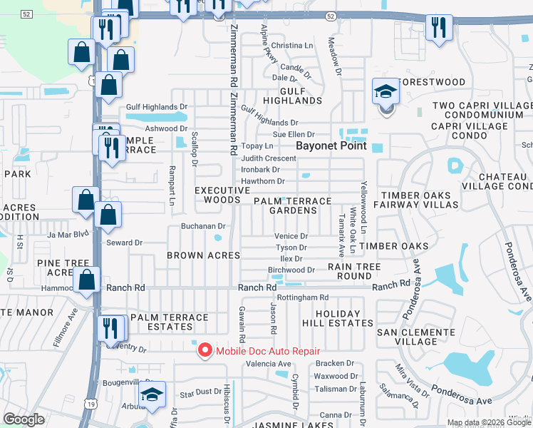 map of restaurants, bars, coffee shops, grocery stores, and more near 7611 Foxbloom Drive in Port Richey