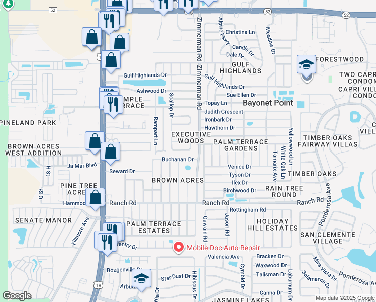 map of restaurants, bars, coffee shops, grocery stores, and more near 7415 Chairman Court in Port Richey