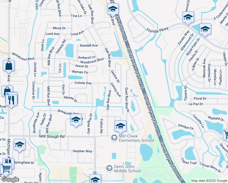 map of restaurants, bars, coffee shops, grocery stores, and more near 2537 Colony Avenue in Kissimmee