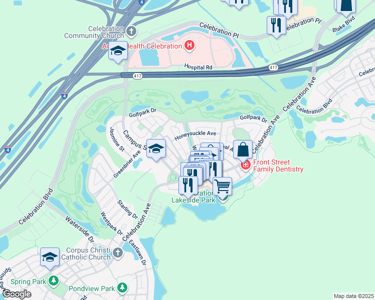 map of restaurants, bars, coffee shops, grocery stores, and more near 447 Water Street in Kissimmee