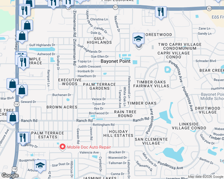 map of restaurants, bars, coffee shops, grocery stores, and more near 7741 Foxbloom Drive in Port Richey