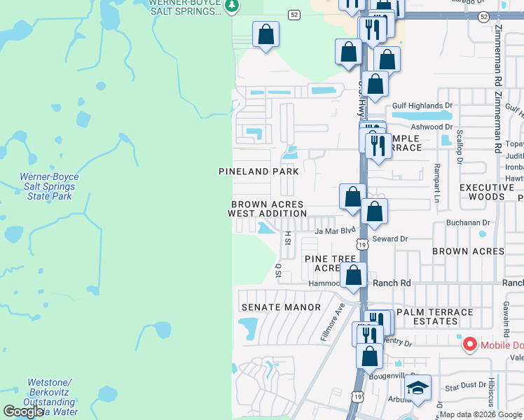 map of restaurants, bars, coffee shops, grocery stores, and more near 6604 Cathy Drive in Port Richey
