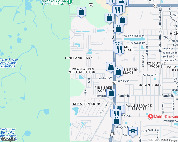 map of restaurants, bars, coffee shops, grocery stores, and more near 6706 Bandera Street in Port Richey