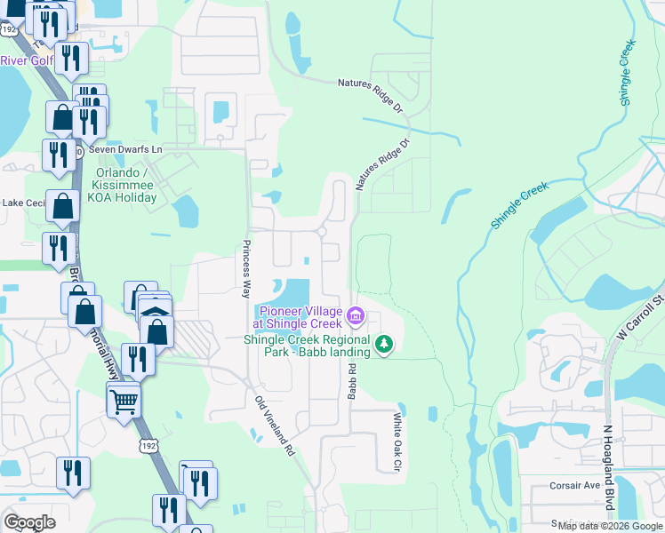 map of restaurants, bars, coffee shops, grocery stores, and more near 2590 Shanti Drive in Kissimmee