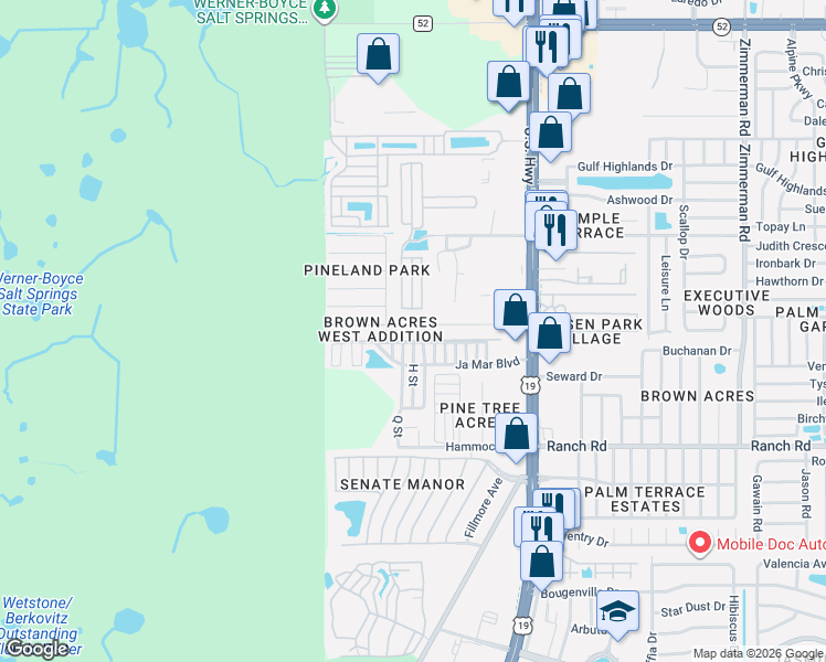 map of restaurants, bars, coffee shops, grocery stores, and more near 6710 Bandera Street in Port Richey