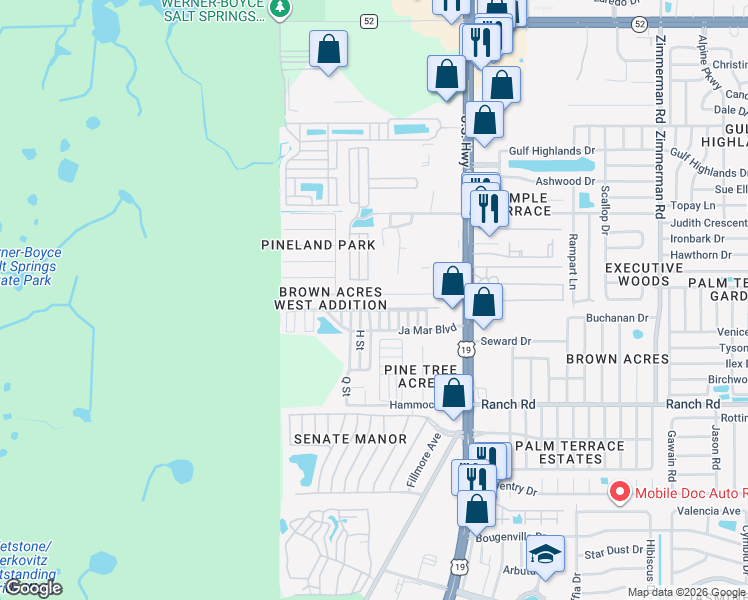 map of restaurants, bars, coffee shops, grocery stores, and more near 6706 Bandera Street in Port Richey