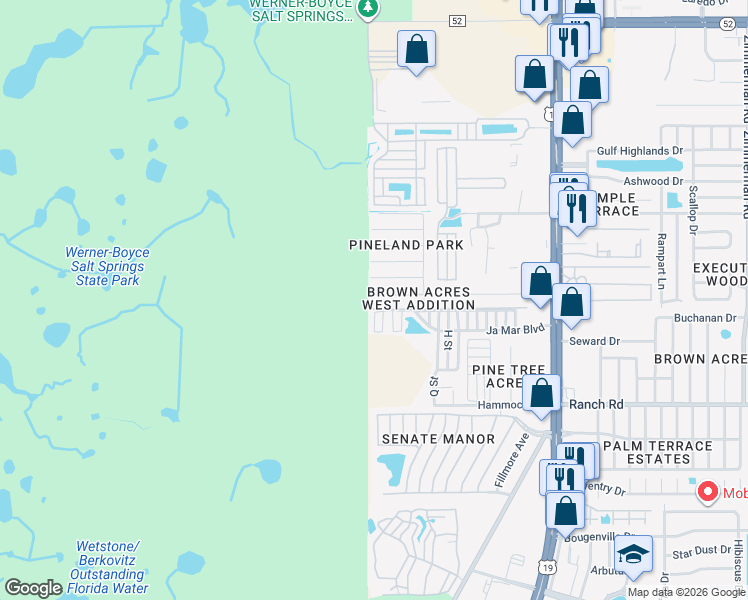 map of restaurants, bars, coffee shops, grocery stores, and more near 6506 Sandra Drive in Port Richey