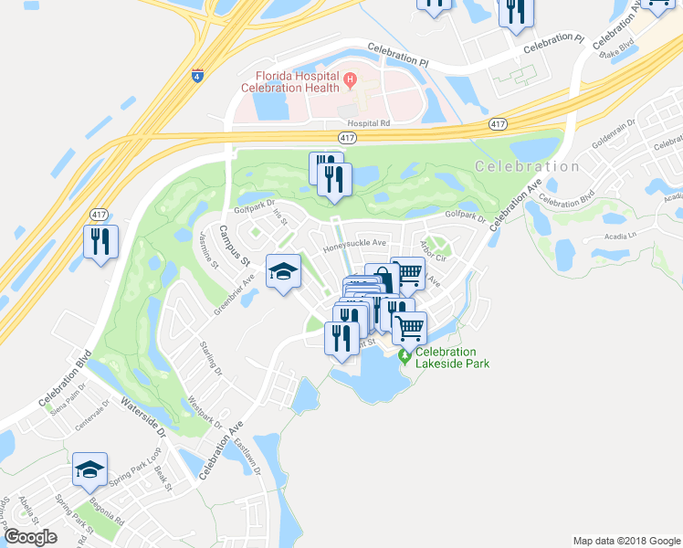 map of restaurants, bars, coffee shops, grocery stores, and more near 447 Water Street in Kissimmee