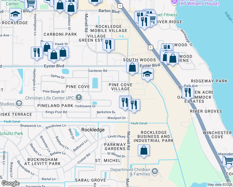 map of restaurants, bars, coffee shops, grocery stores, and more near 743 White Pine Avenue in Rockledge