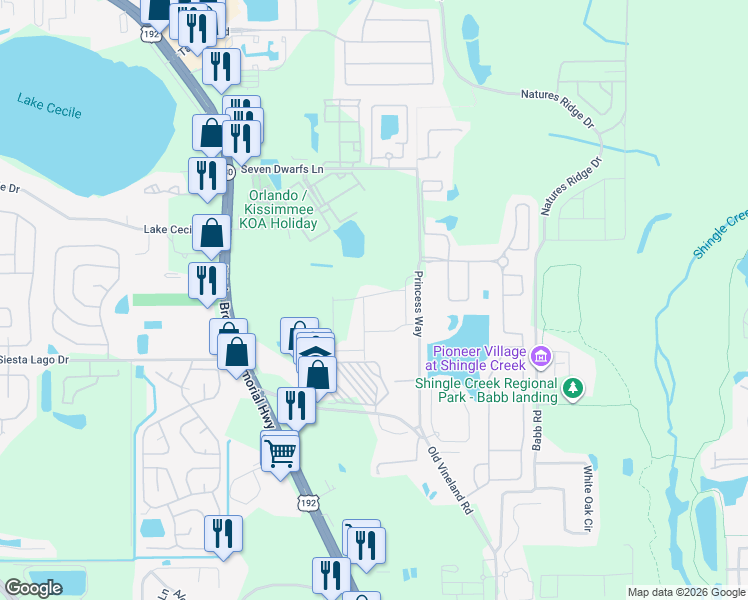 map of restaurants, bars, coffee shops, grocery stores, and more near 2600 Princess Way in Kissimmee