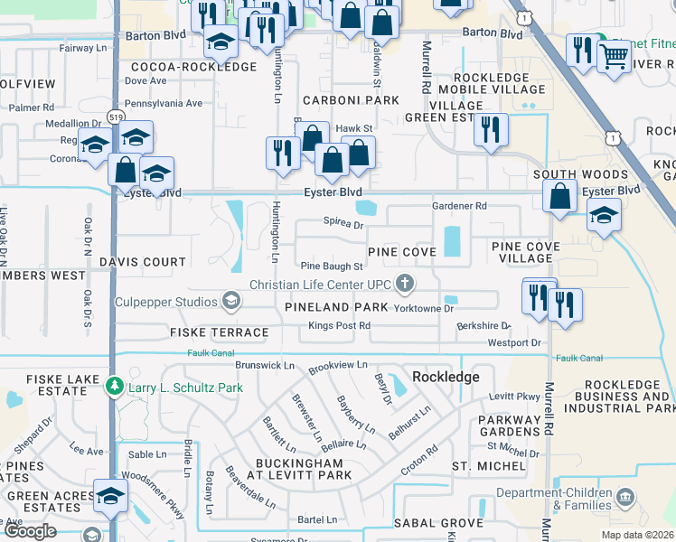 map of restaurants, bars, coffee shops, grocery stores, and more near 896 Pine Baugh Street in Rockledge