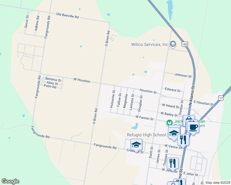 map of restaurants, bars, coffee shops, grocery stores, and more near 1005 Tallow Drive in Refugio