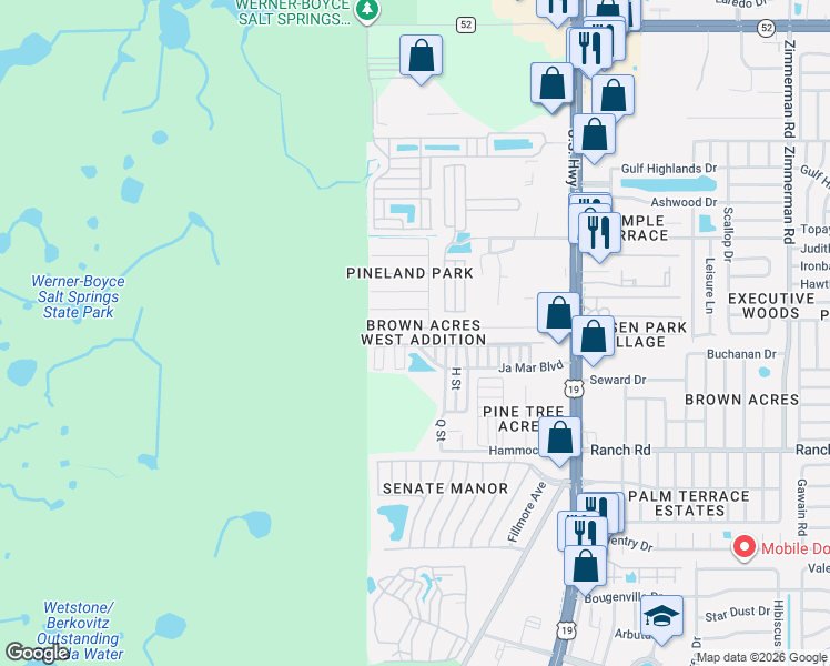 map of restaurants, bars, coffee shops, grocery stores, and more near 6604 Sandra Drive in Port Richey