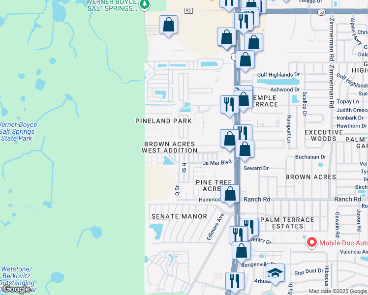map of restaurants, bars, coffee shops, grocery stores, and more near 6702 Sandra Drive in Port Richey