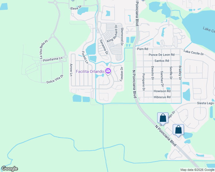map of restaurants, bars, coffee shops, grocery stores, and more near 198 Newcastle Drive in Kissimmee