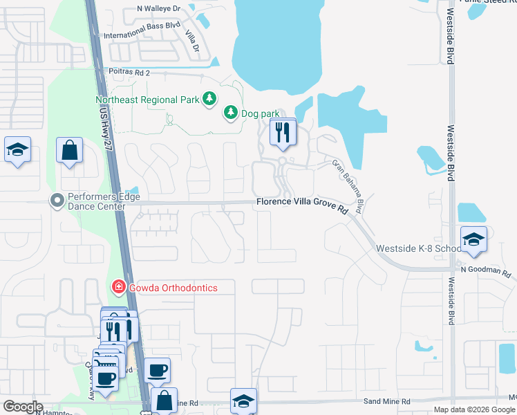 map of restaurants, bars, coffee shops, grocery stores, and more near 606 Lucaya Loop in Davenport