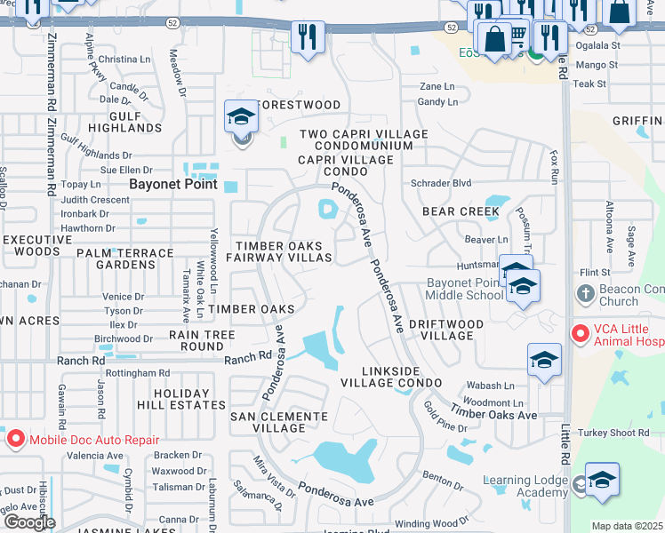 map of restaurants, bars, coffee shops, grocery stores, and more near 8310 High Point Circle in Port Richey