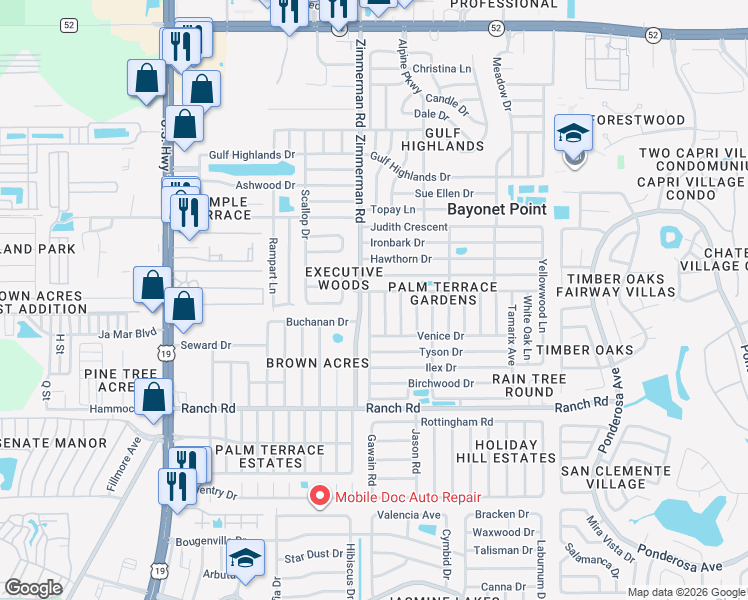 map of restaurants, bars, coffee shops, grocery stores, and more near 7511 Foxbloom Drive in Port Richey